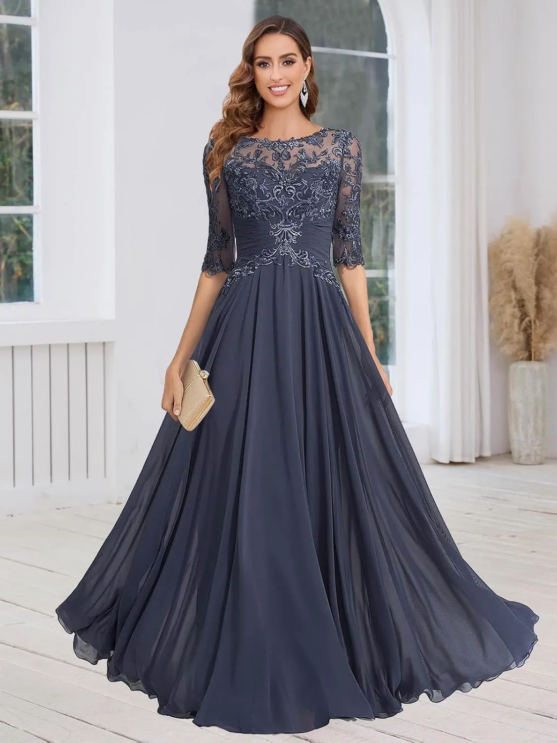 POMUYOO Lace Mother of The Bride Dresses for Wedding A Line Long Chiffon Formal Evening Gown with Sleeves