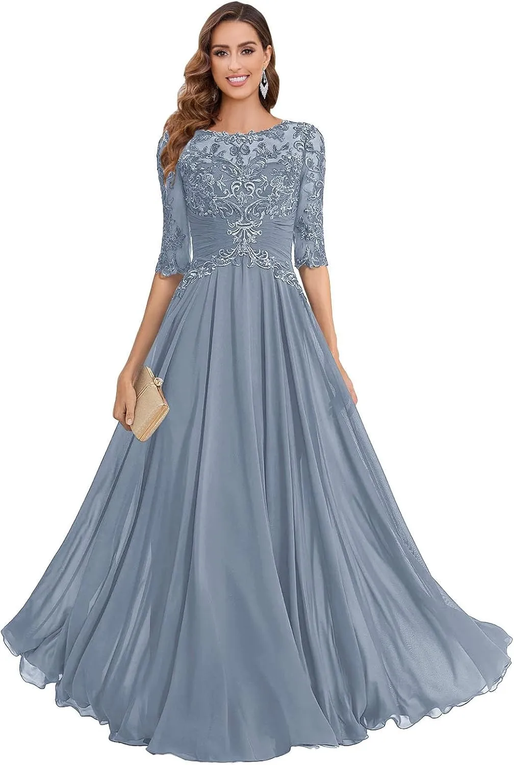 POMUYOO Lace Mother of The Bride Dresses for Wedding A Line Long Chiffon Formal Evening Gown with Sleeves