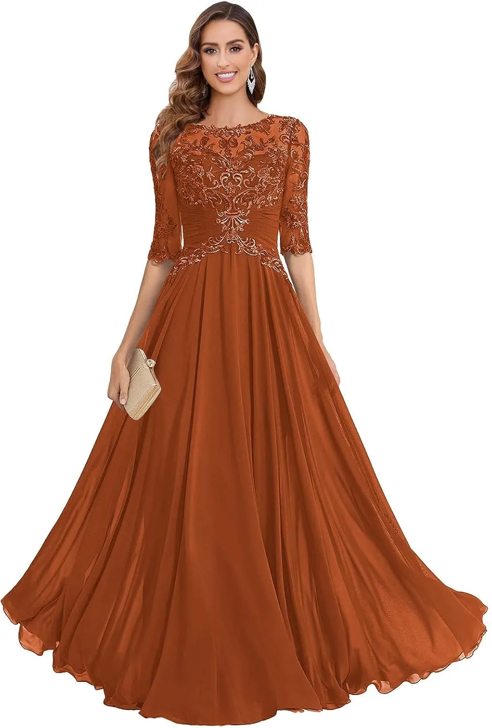 POMUYOO Lace Mother of The Bride Dresses for Wedding A Line Long Chiffon Formal Evening Gown with Sleeves
