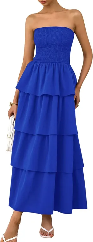 PRETTYGARDEN Maxi Dresses for Women 2025 Summer Off Shoulder Smocked Tiered Ruffle Long Flowy Wedding Guest Dress