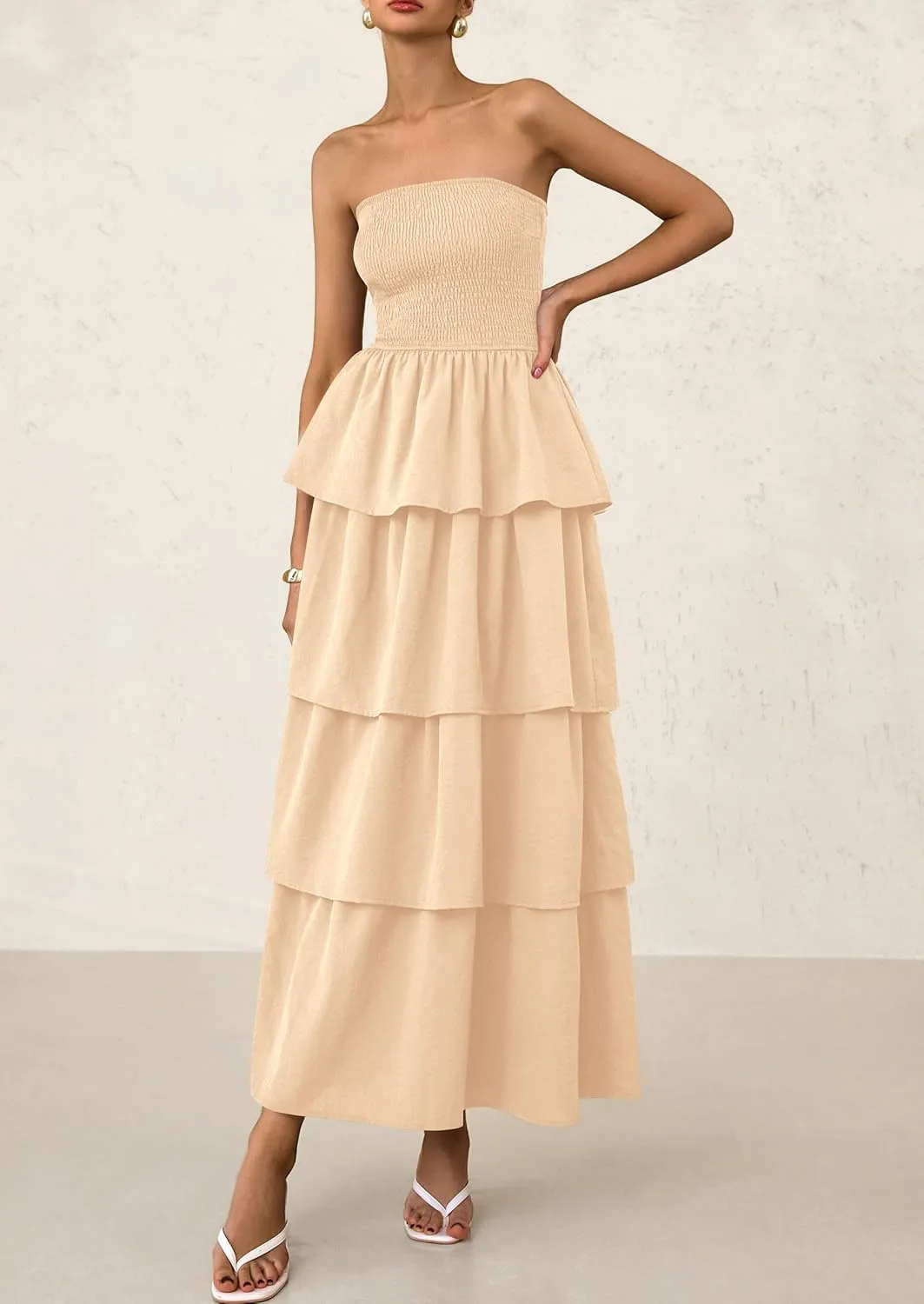 PRETTYGARDEN Maxi Dresses for Women 2025 Summer Off Shoulder Smocked Tiered Ruffle Long Flowy Wedding Guest Dress