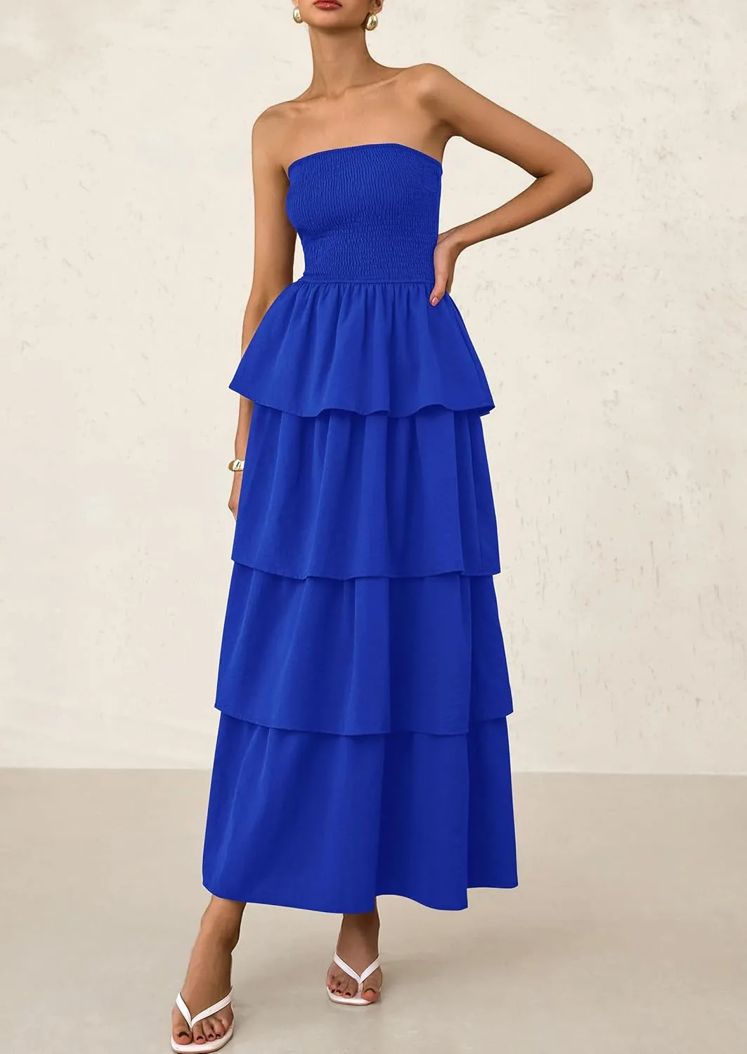 PRETTYGARDEN Maxi Dresses for Women 2025 Summer Off Shoulder Smocked Tiered Ruffle Long Flowy Wedding Guest Dress