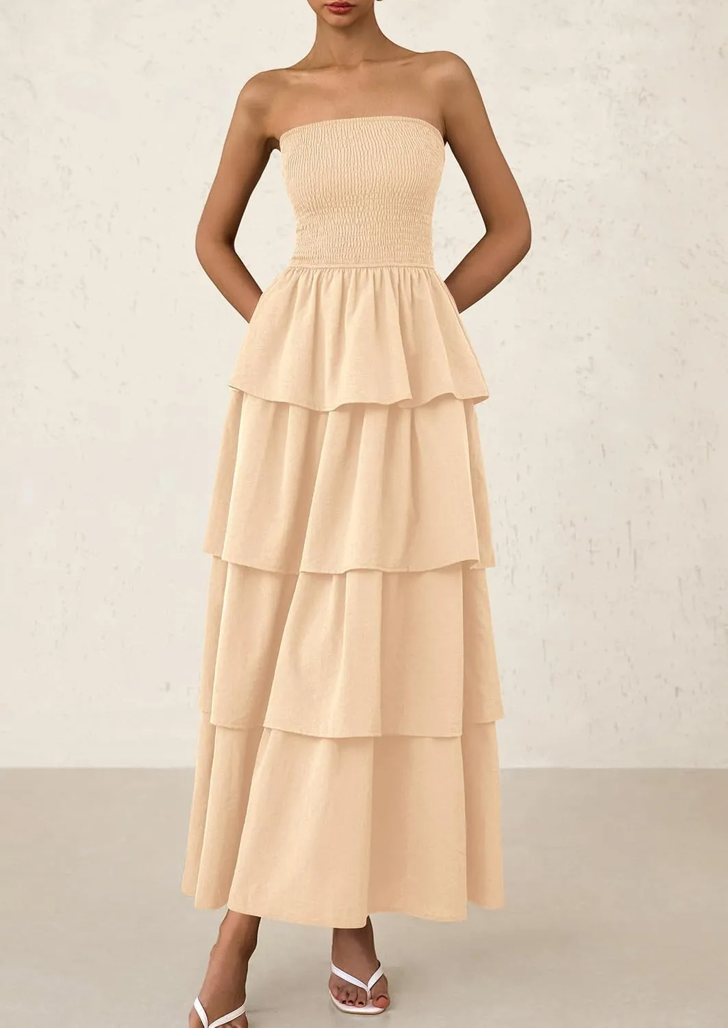 PRETTYGARDEN Maxi Dresses for Women 2025 Summer Off Shoulder Smocked Tiered Ruffle Long Flowy Wedding Guest Dress