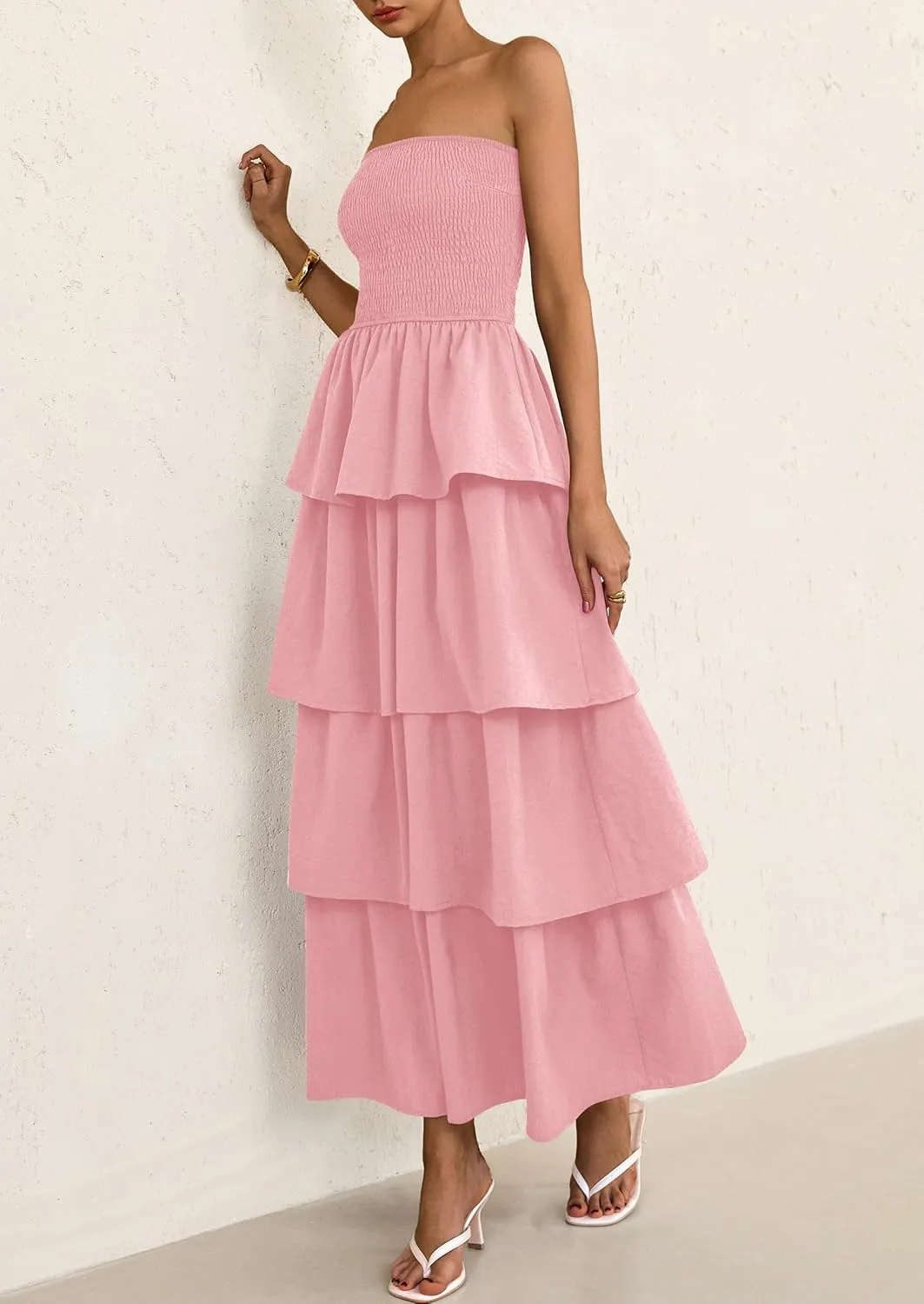 PRETTYGARDEN Maxi Dresses for Women 2025 Summer Off Shoulder Smocked Tiered Ruffle Long Flowy Wedding Guest Dress