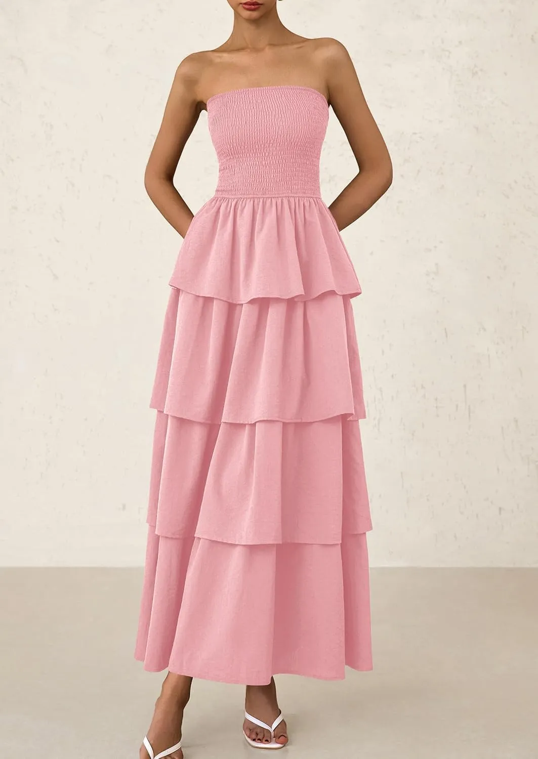 PRETTYGARDEN Maxi Dresses for Women 2025 Summer Off Shoulder Smocked Tiered Ruffle Long Flowy Wedding Guest Dress