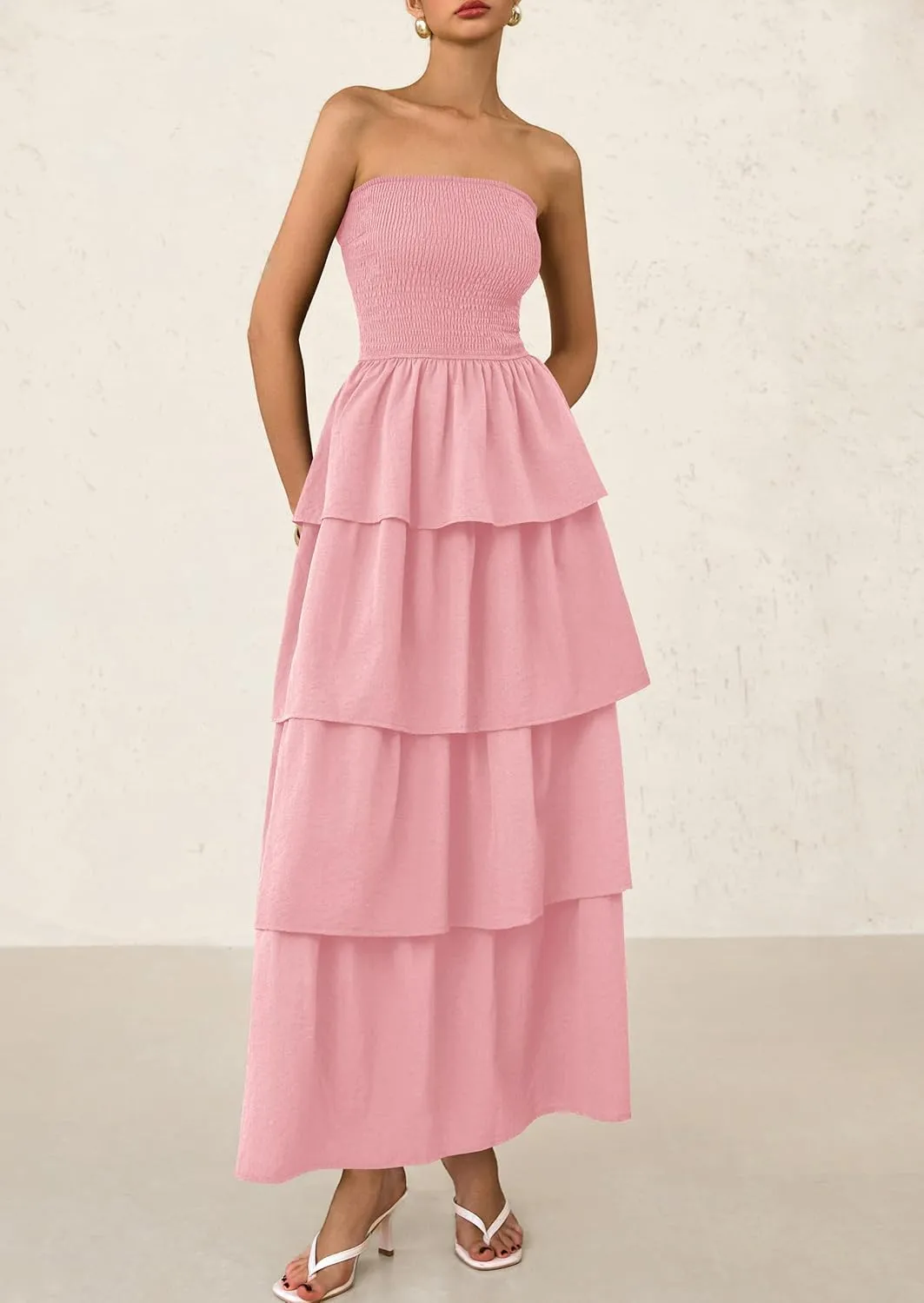 PRETTYGARDEN Maxi Dresses for Women 2025 Summer Off Shoulder Smocked Tiered Ruffle Long Flowy Wedding Guest Dress
