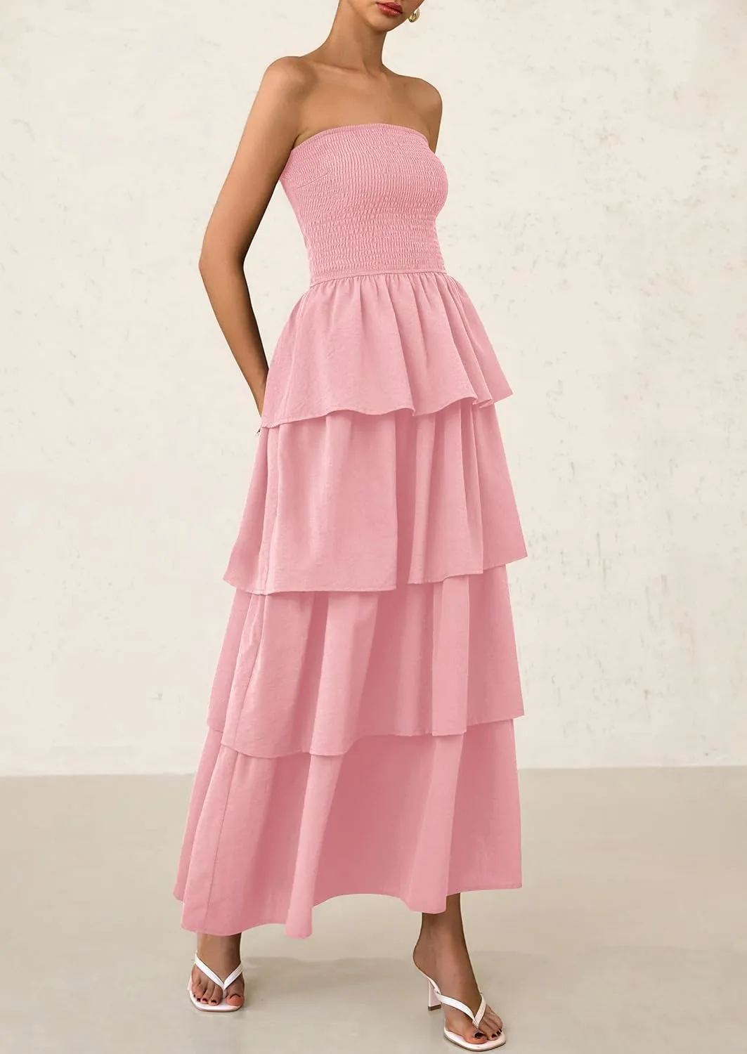 PRETTYGARDEN Maxi Dresses for Women 2025 Summer Off Shoulder Smocked Tiered Ruffle Long Flowy Wedding Guest Dress