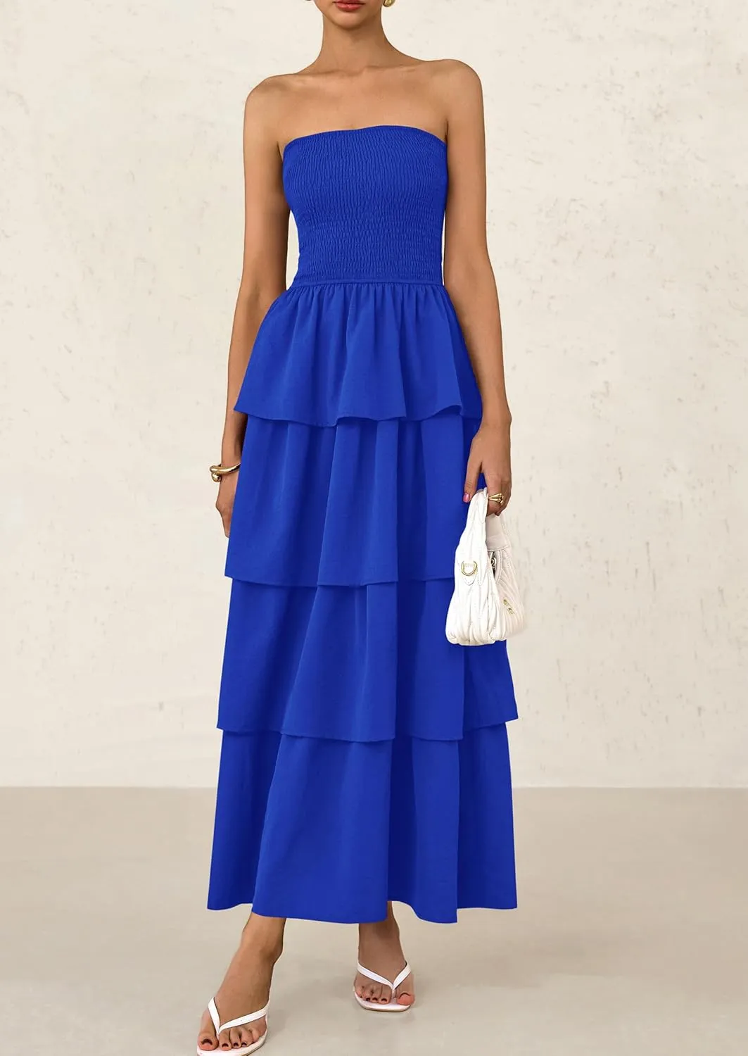 PRETTYGARDEN Maxi Dresses for Women 2025 Summer Off Shoulder Smocked Tiered Ruffle Long Flowy Wedding Guest Dress