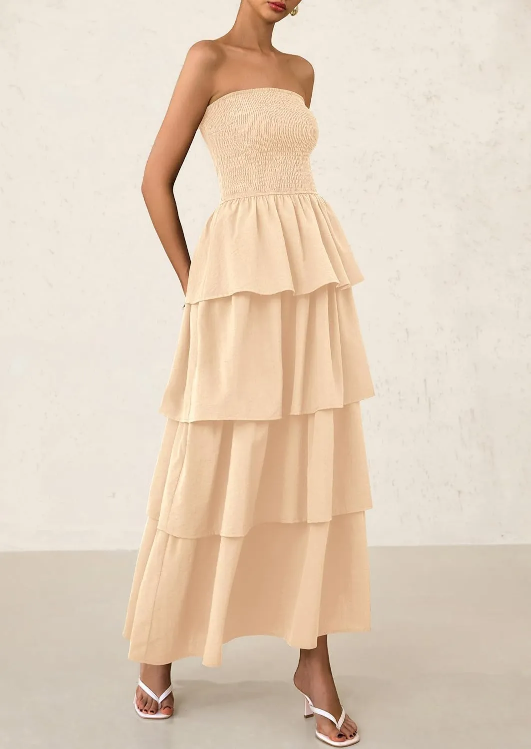PRETTYGARDEN Maxi Dresses for Women 2025 Summer Off Shoulder Smocked Tiered Ruffle Long Flowy Wedding Guest Dress
