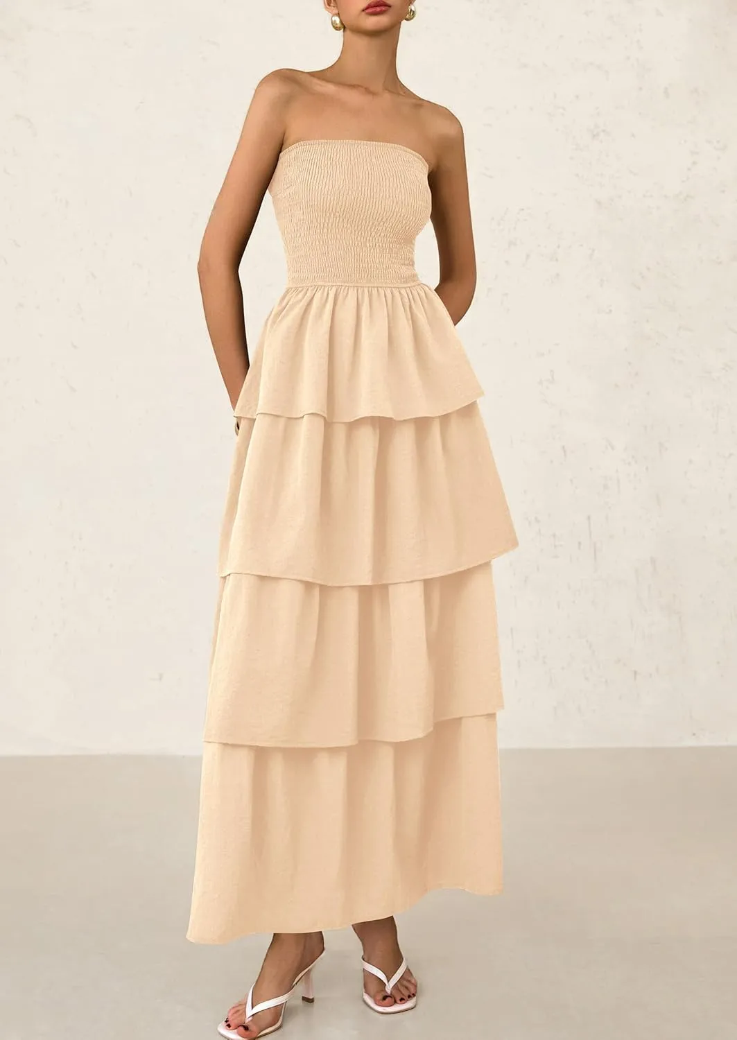 PRETTYGARDEN Maxi Dresses for Women 2025 Summer Off Shoulder Smocked Tiered Ruffle Long Flowy Wedding Guest Dress