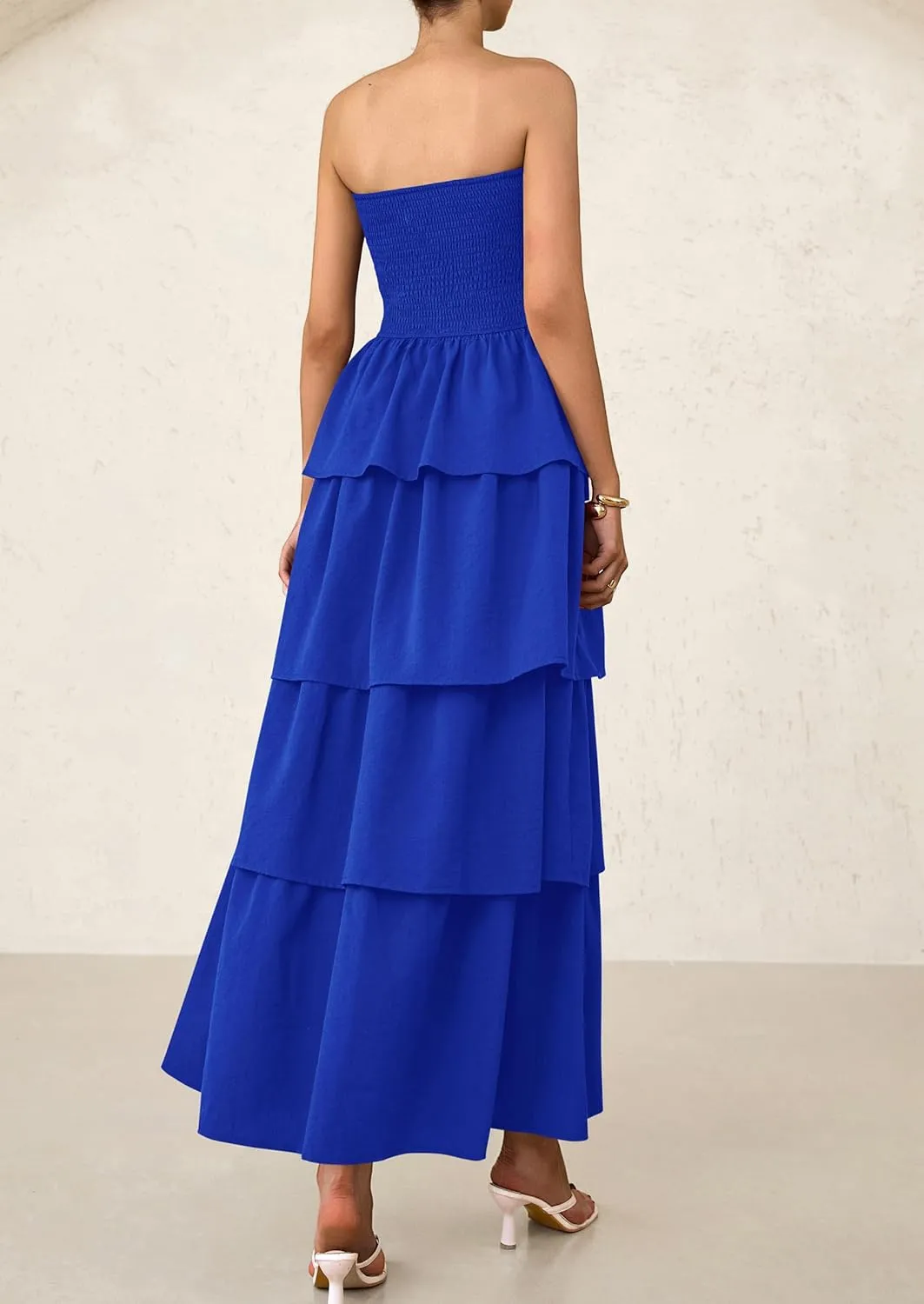 PRETTYGARDEN Maxi Dresses for Women 2025 Summer Off Shoulder Smocked Tiered Ruffle Long Flowy Wedding Guest Dress