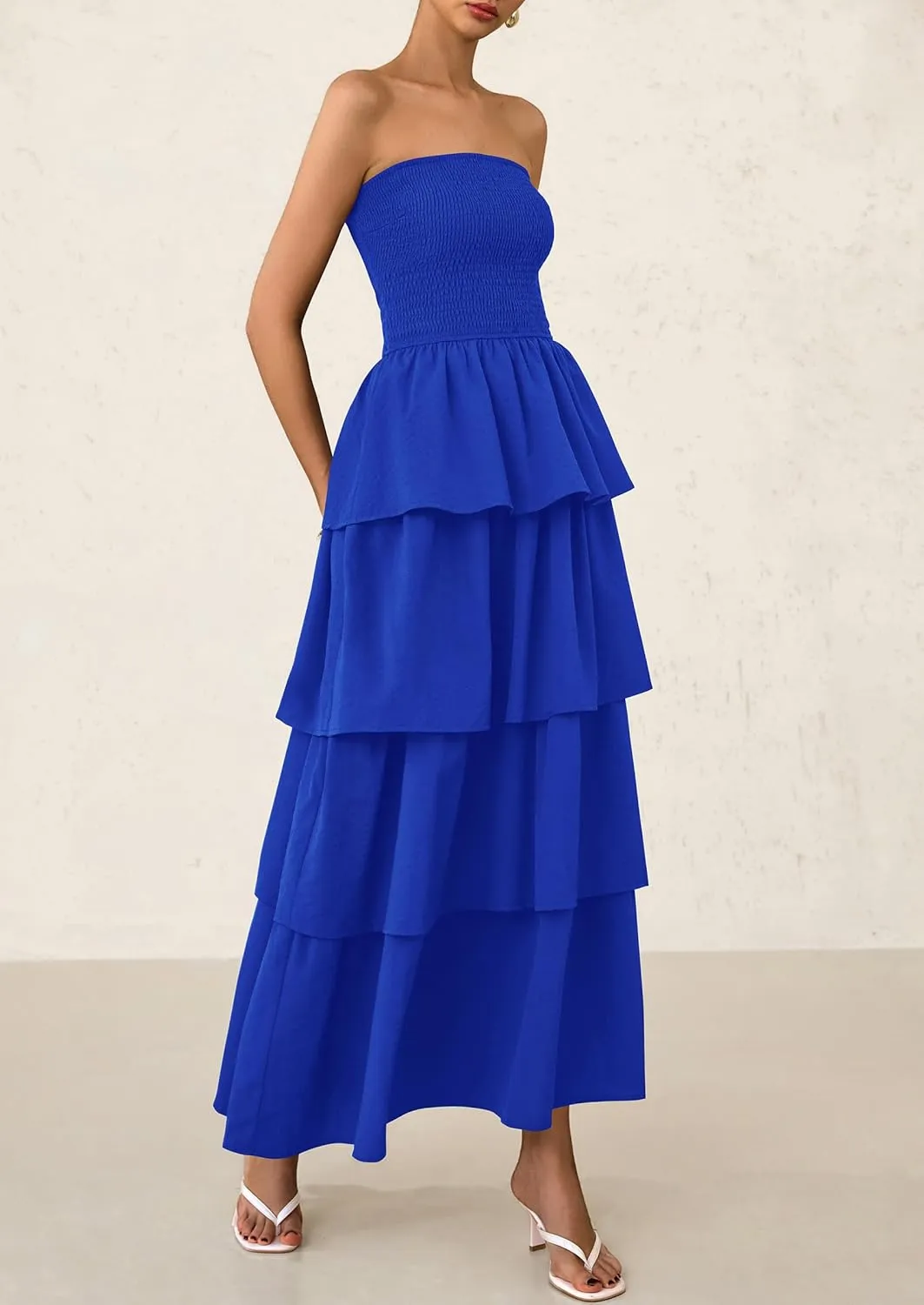 PRETTYGARDEN Maxi Dresses for Women 2025 Summer Off Shoulder Smocked Tiered Ruffle Long Flowy Wedding Guest Dress