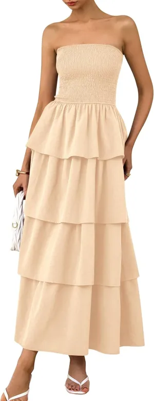 PRETTYGARDEN Maxi Dresses for Women 2025 Summer Off Shoulder Smocked Tiered Ruffle Long Flowy Wedding Guest Dress
