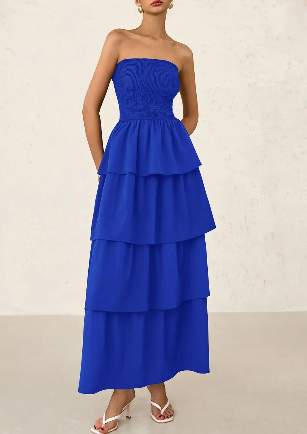 PRETTYGARDEN Maxi Dresses for Women 2025 Summer Off Shoulder Smocked Tiered Ruffle Long Flowy Wedding Guest Dress