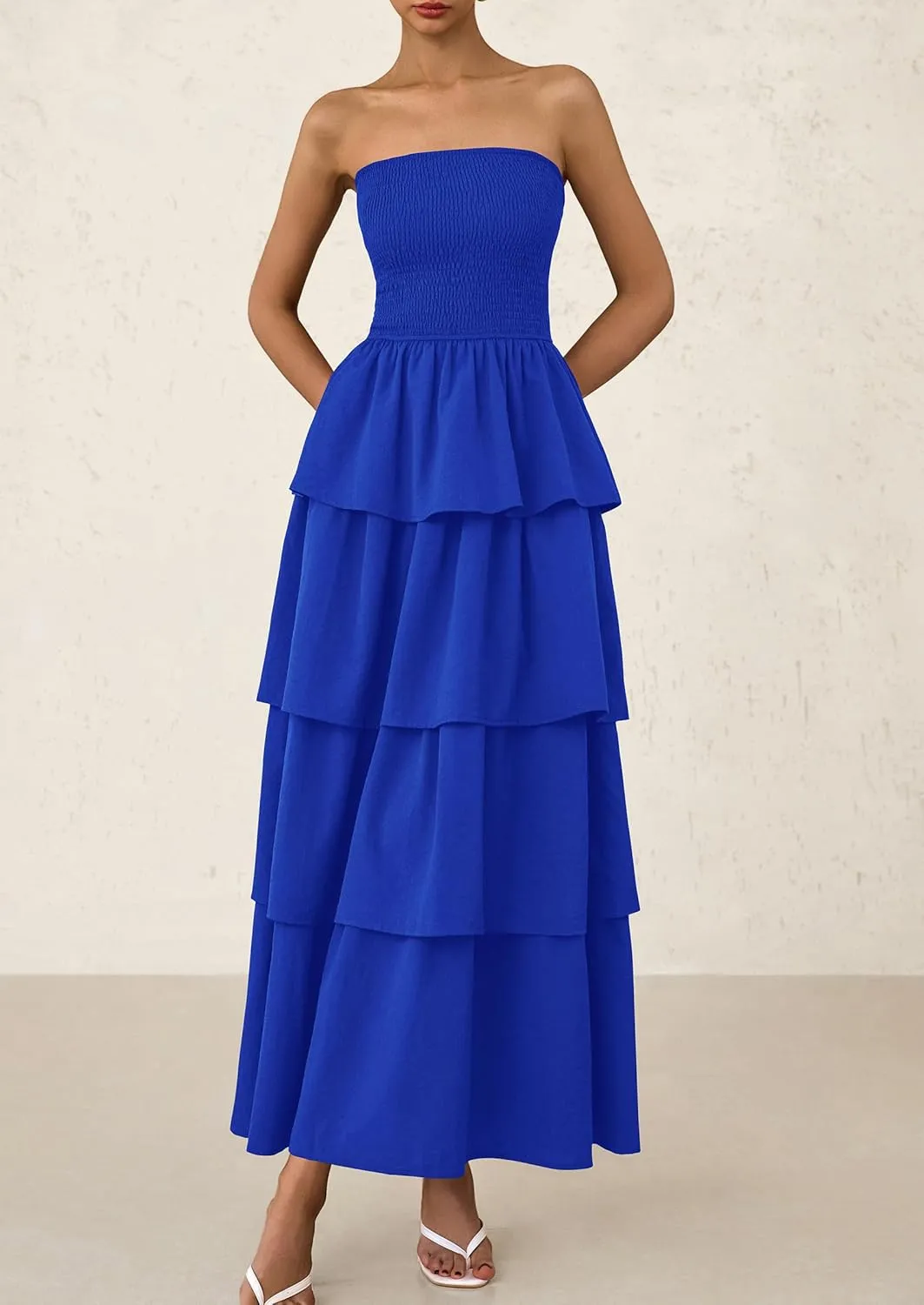 PRETTYGARDEN Maxi Dresses for Women 2025 Summer Off Shoulder Smocked Tiered Ruffle Long Flowy Wedding Guest Dress