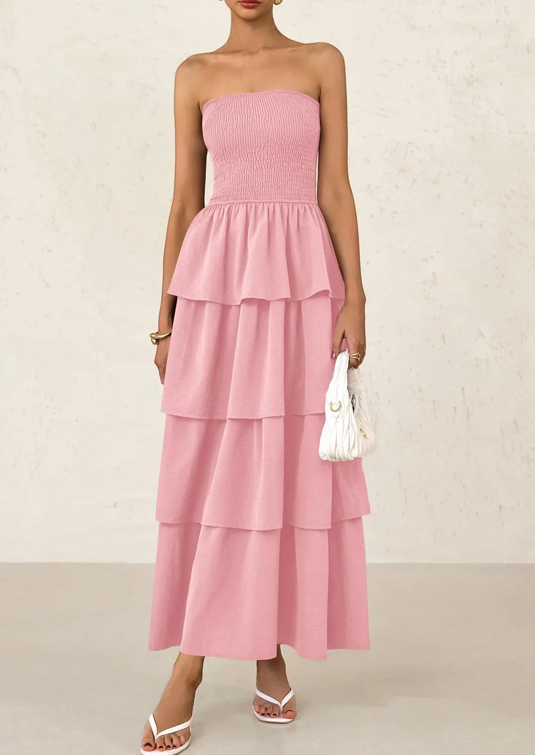 PRETTYGARDEN Maxi Dresses for Women 2025 Summer Off Shoulder Smocked Tiered Ruffle Long Flowy Wedding Guest Dress