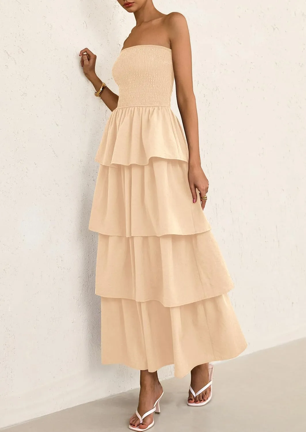 PRETTYGARDEN Maxi Dresses for Women 2025 Summer Off Shoulder Smocked Tiered Ruffle Long Flowy Wedding Guest Dress