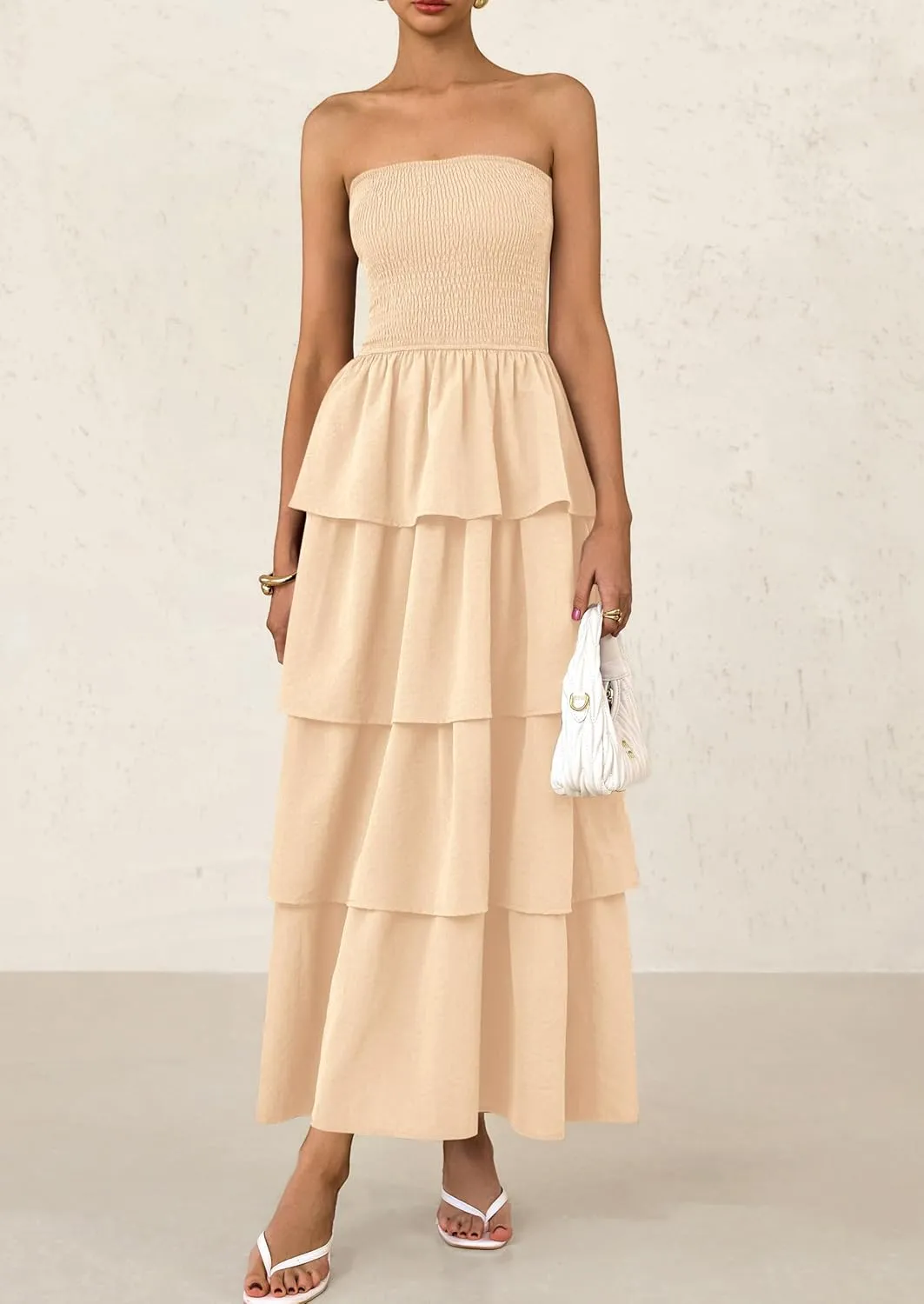 PRETTYGARDEN Maxi Dresses for Women 2025 Summer Off Shoulder Smocked Tiered Ruffle Long Flowy Wedding Guest Dress
