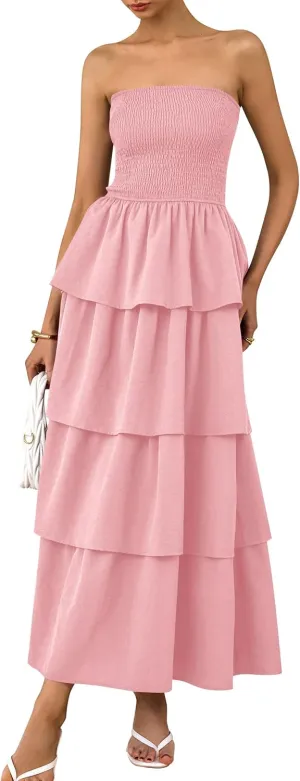 PRETTYGARDEN Maxi Dresses for Women 2025 Summer Off Shoulder Smocked Tiered Ruffle Long Flowy Wedding Guest Dress