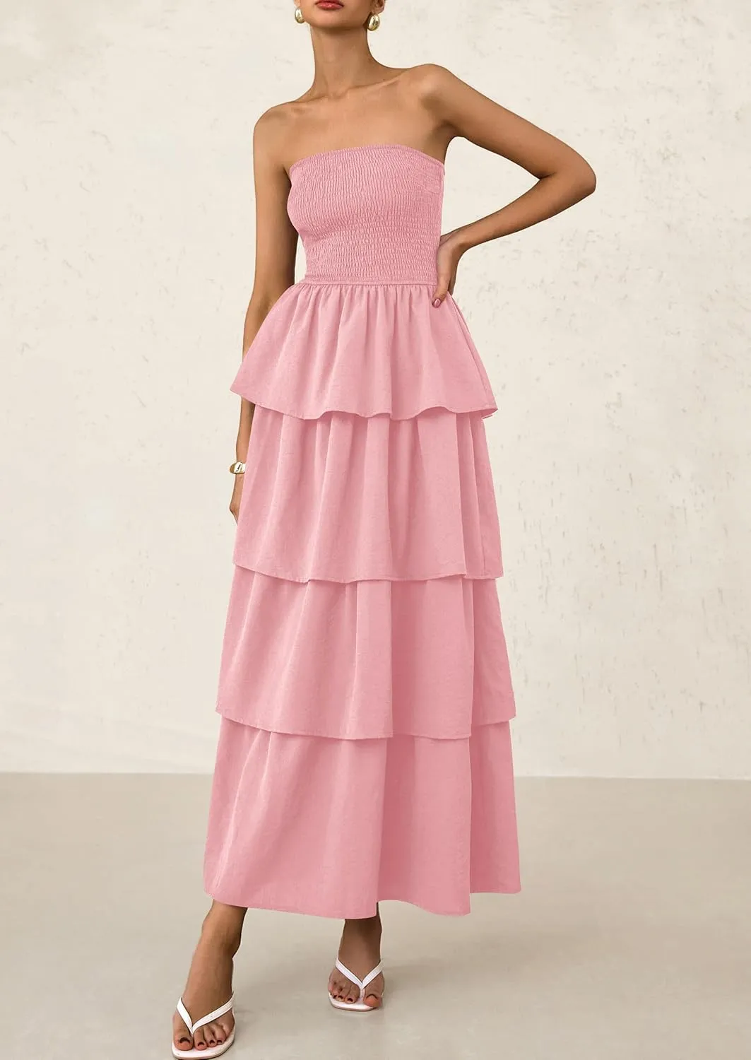 PRETTYGARDEN Maxi Dresses for Women 2025 Summer Off Shoulder Smocked Tiered Ruffle Long Flowy Wedding Guest Dress