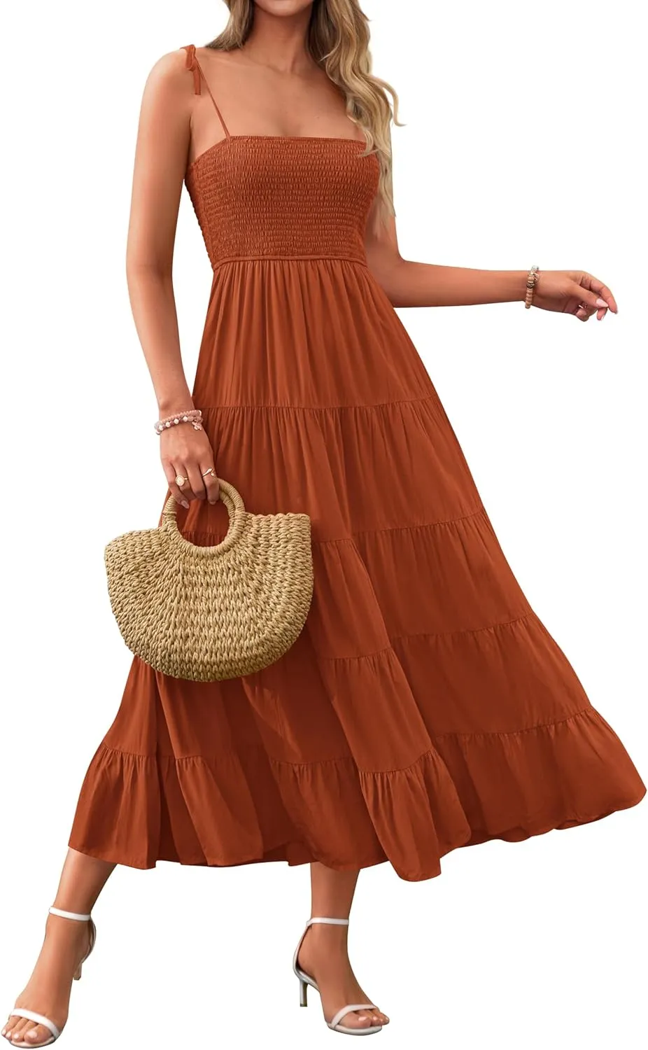 PRETTYGARDEN Women's Summer Dresses 2025 Spaghetti Strap Sleeveless Backless Smocked A-Line Boho Flowy Midi Beach Dress
