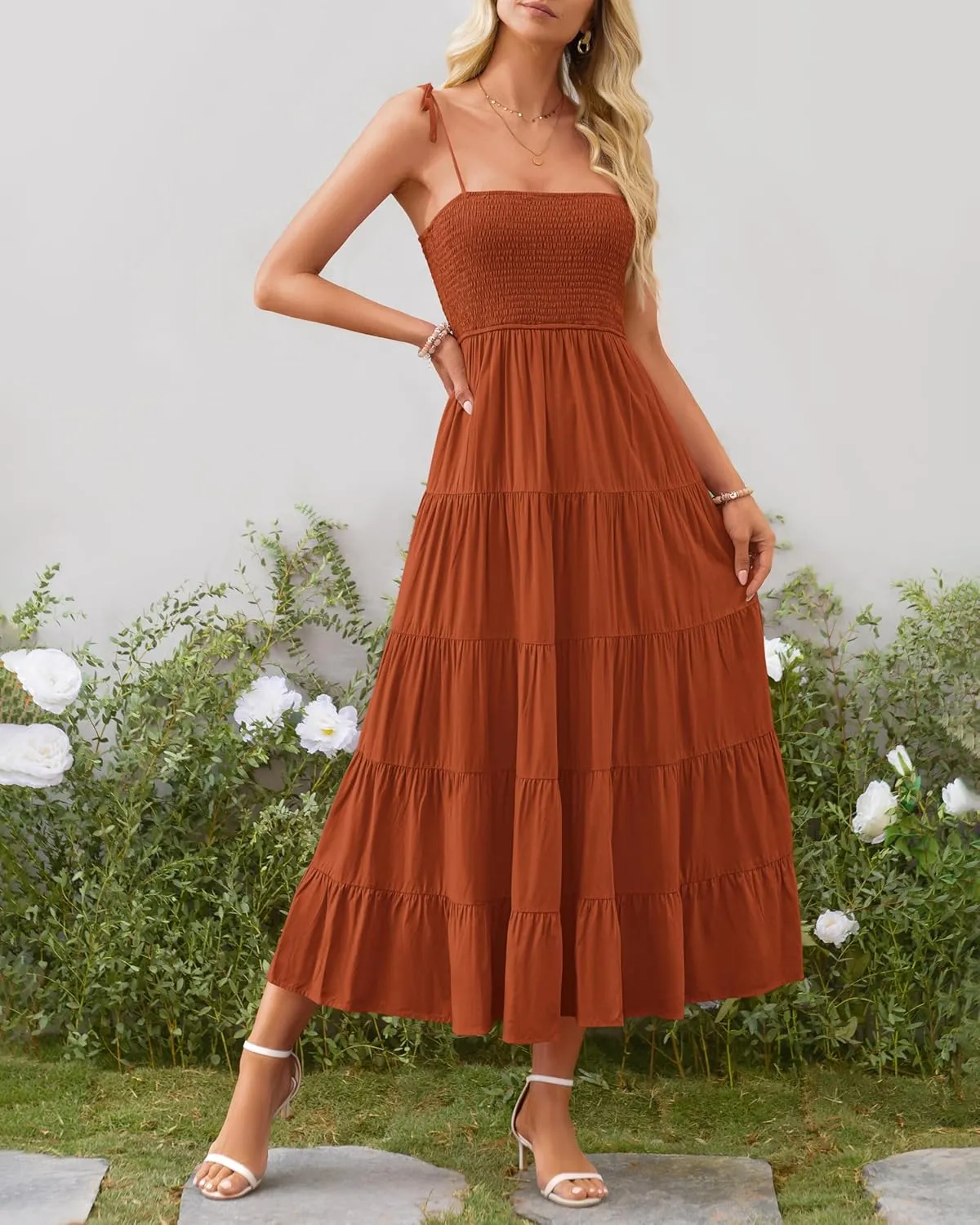 PRETTYGARDEN Women's Summer Dresses 2025 Spaghetti Strap Sleeveless Backless Smocked A-Line Boho Flowy Midi Beach Dress