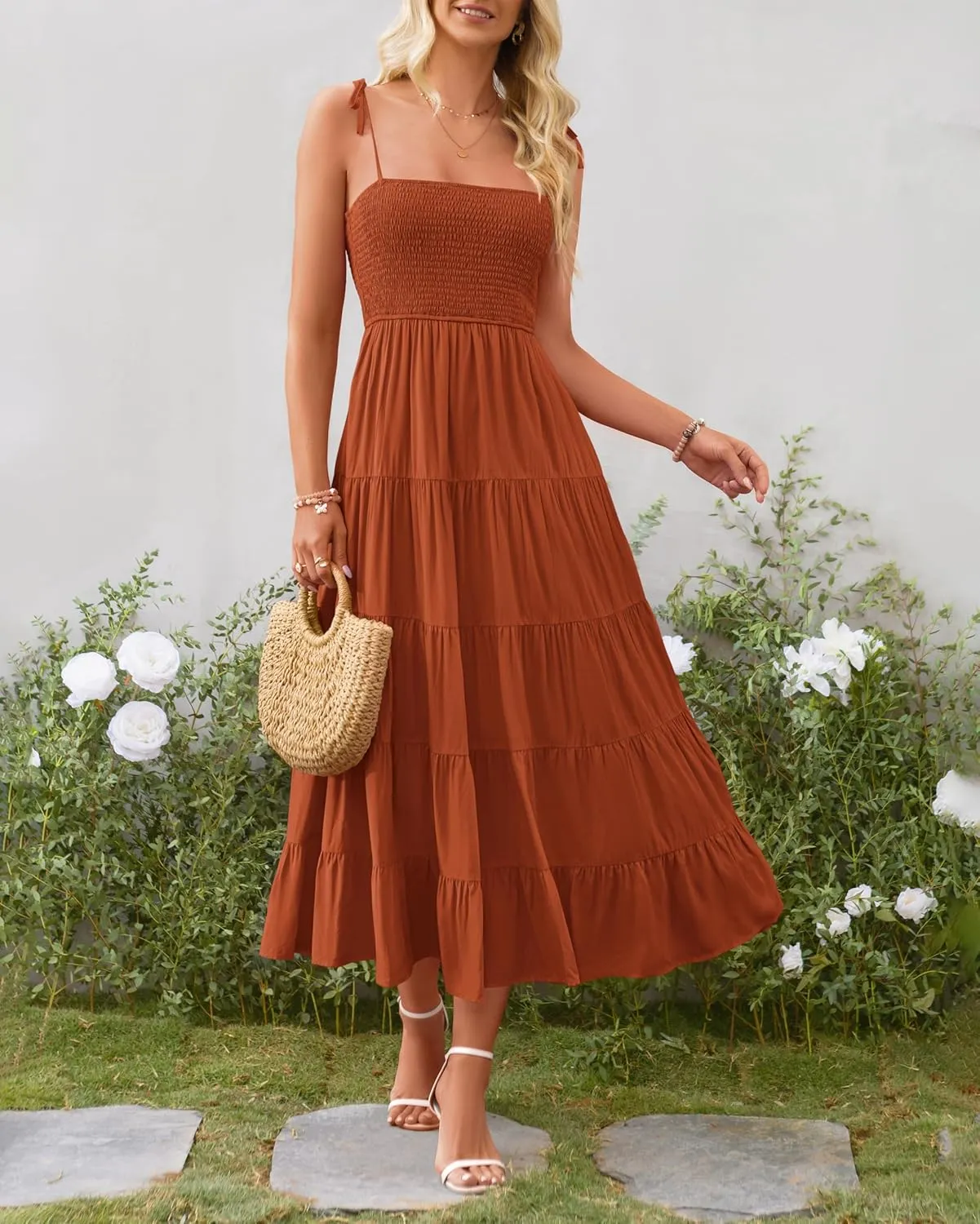 PRETTYGARDEN Women's Summer Dresses 2025 Spaghetti Strap Sleeveless Backless Smocked A-Line Boho Flowy Midi Beach Dress