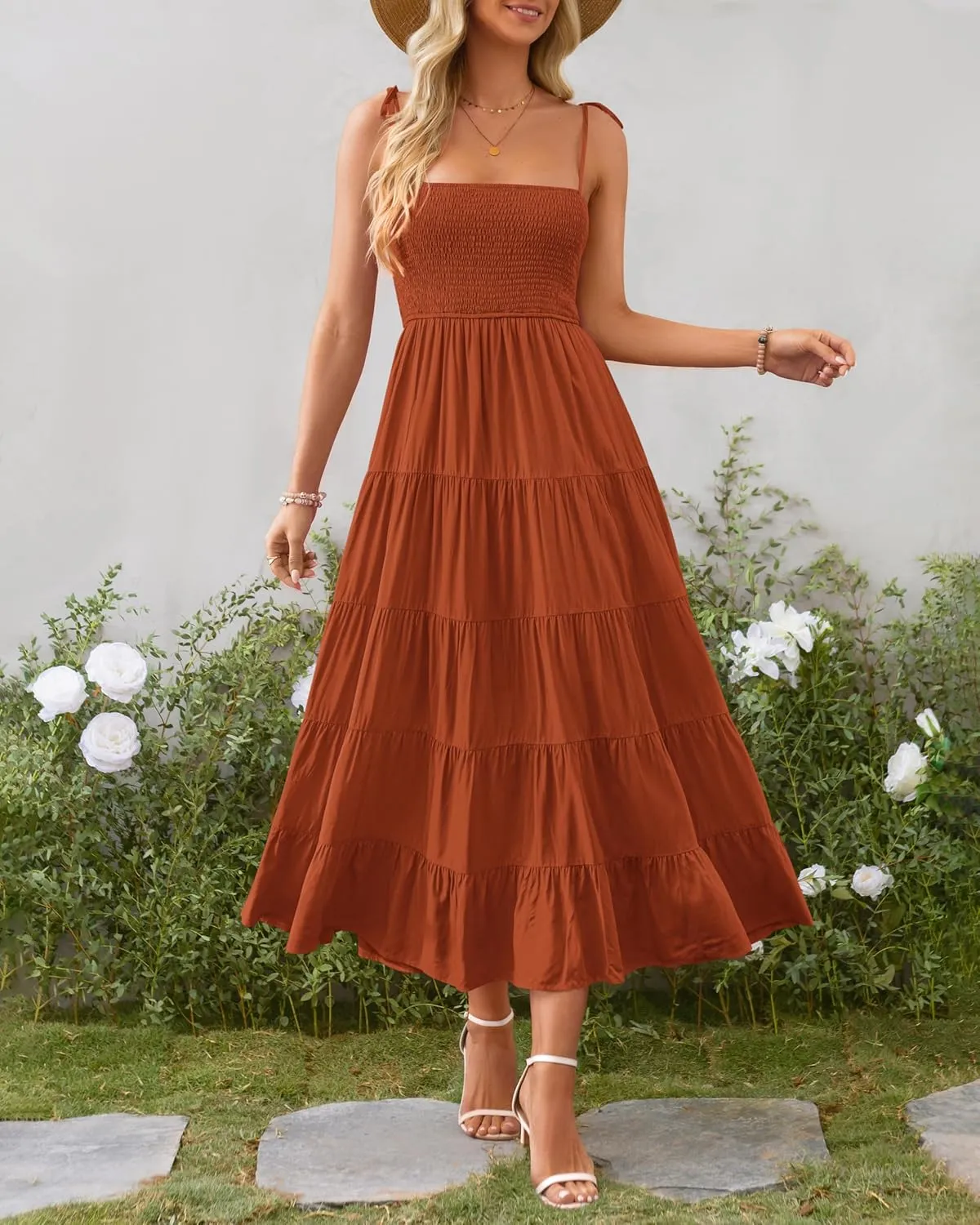 PRETTYGARDEN Women's Summer Dresses 2025 Spaghetti Strap Sleeveless Backless Smocked A-Line Boho Flowy Midi Beach Dress