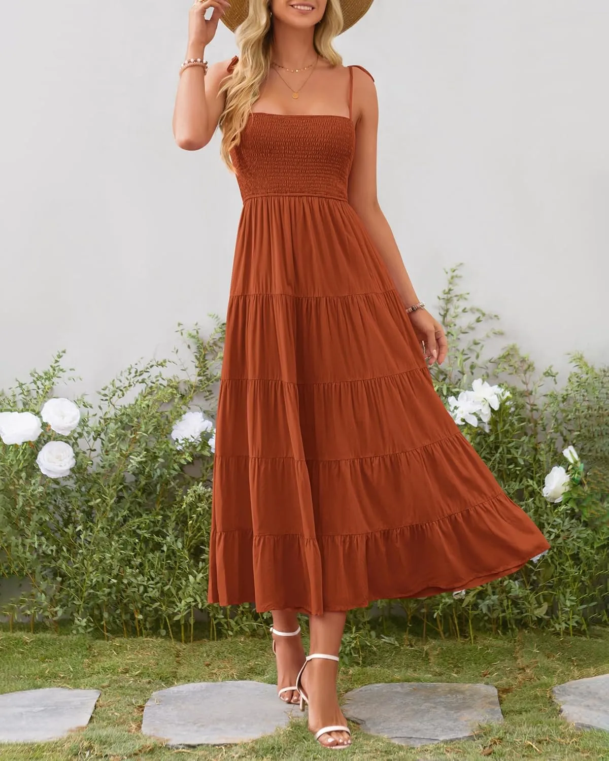 PRETTYGARDEN Women's Summer Dresses 2025 Spaghetti Strap Sleeveless Backless Smocked A-Line Boho Flowy Midi Beach Dress