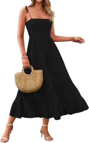 PRETTYGARDEN Women's Summer Dresses 2025 Spaghetti Strap Sleeveless Backless Smocked A-Line Boho Flowy Midi Beach Dress