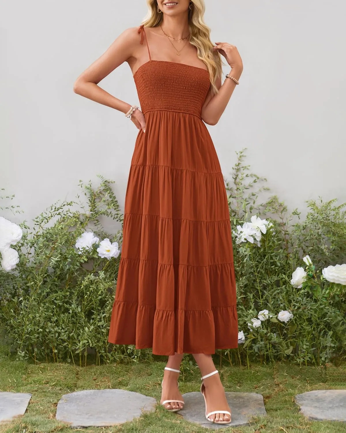 PRETTYGARDEN Women's Summer Dresses 2025 Spaghetti Strap Sleeveless Backless Smocked A-Line Boho Flowy Midi Beach Dress