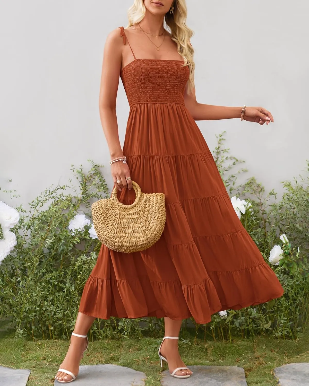 PRETTYGARDEN Women's Summer Dresses 2025 Spaghetti Strap Sleeveless Backless Smocked A-Line Boho Flowy Midi Beach Dress