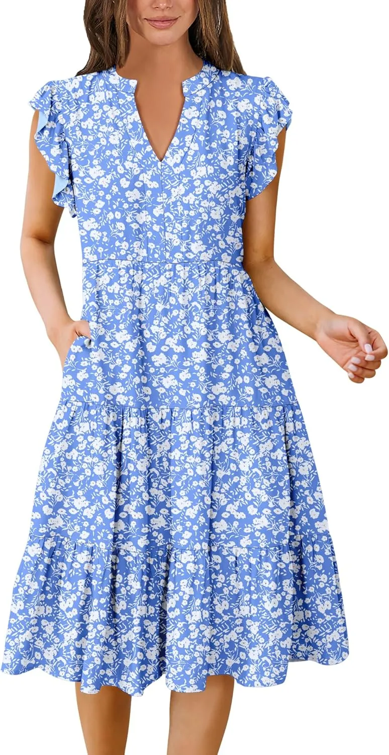 Prinbara Womens Summer Floral Midi Dresses Ruffle Sleeve V Neck 2025 Spring Casual Flowy Tiered A-Line Sundress with Pockets
