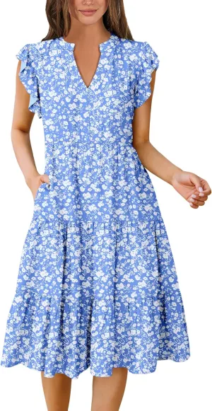 Prinbara Womens Summer Floral Midi Dresses Ruffle Sleeve V Neck 2025 Spring Casual Flowy Tiered A-Line Sundress with Pockets