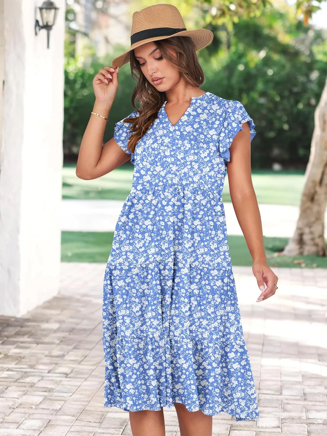 Prinbara Womens Summer Floral Midi Dresses Ruffle Sleeve V Neck 2025 Spring Casual Flowy Tiered A-Line Sundress with Pockets