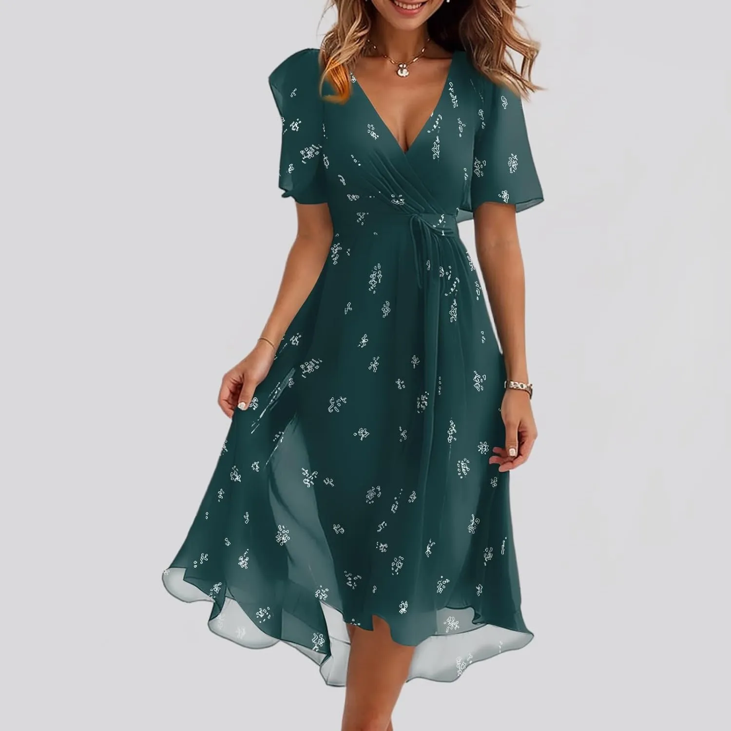 Prom Dresses 2025,Cocktail Prom Flowy Wrap Wedding Guest Womens Spring Dress Chiffon Sexy Midi Dresses for Women