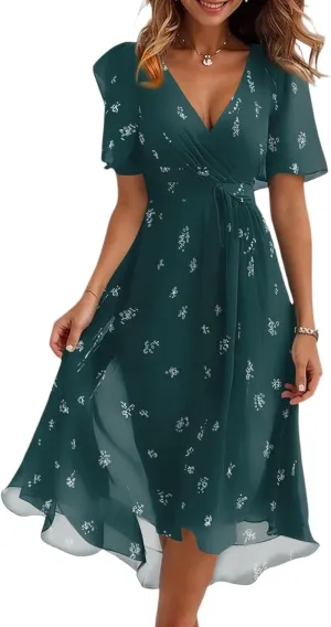 Prom Dresses 2025,Cocktail Prom Flowy Wrap Wedding Guest Womens Spring Dress Chiffon Sexy Midi Dresses for Women
