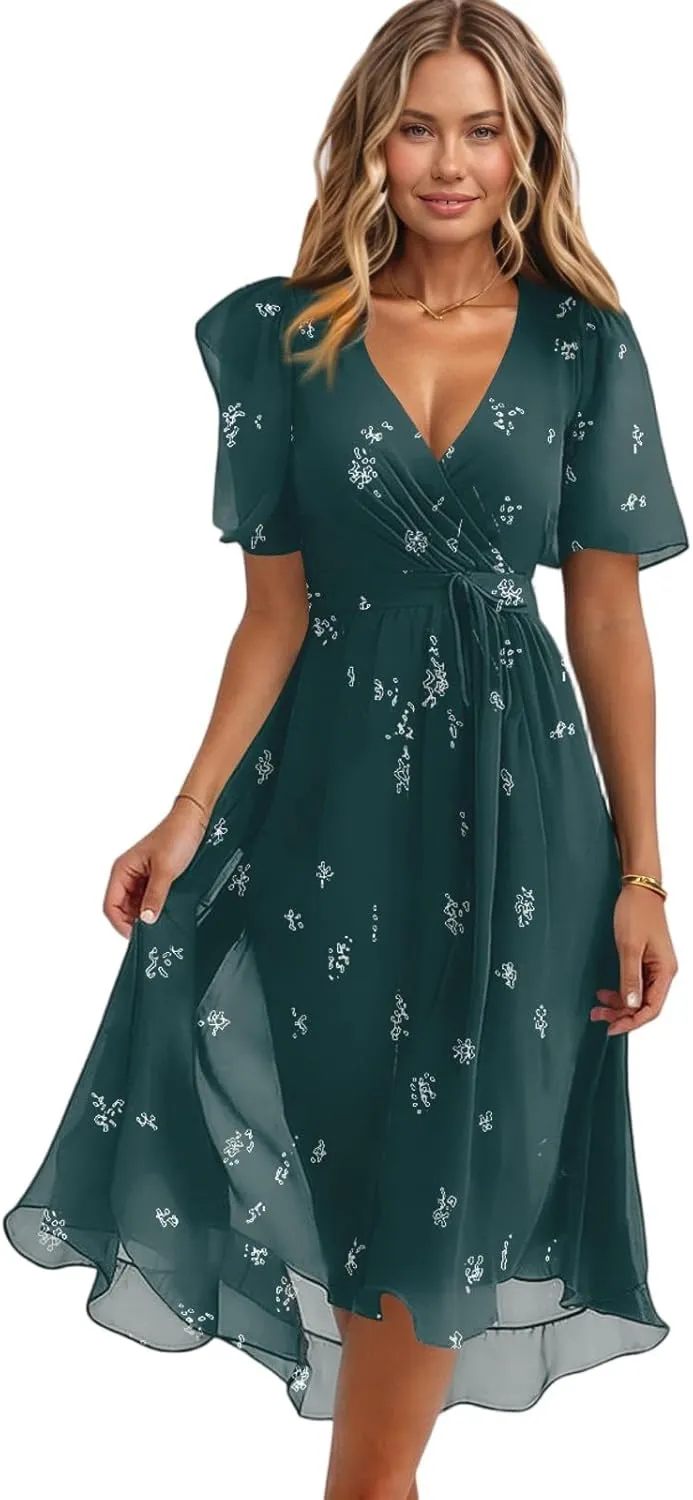 Prom Dresses 2025,Cocktail Prom Flowy Wrap Wedding Guest Womens Spring Dress Chiffon Sexy Midi Dresses for Women