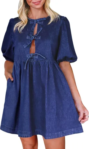 Qazel Vorrlon Denim Dress for Women Puff Short Sleeve Babydoll Jean Romper Pockets Summer Casual Blue Dresses 2025 Trendy