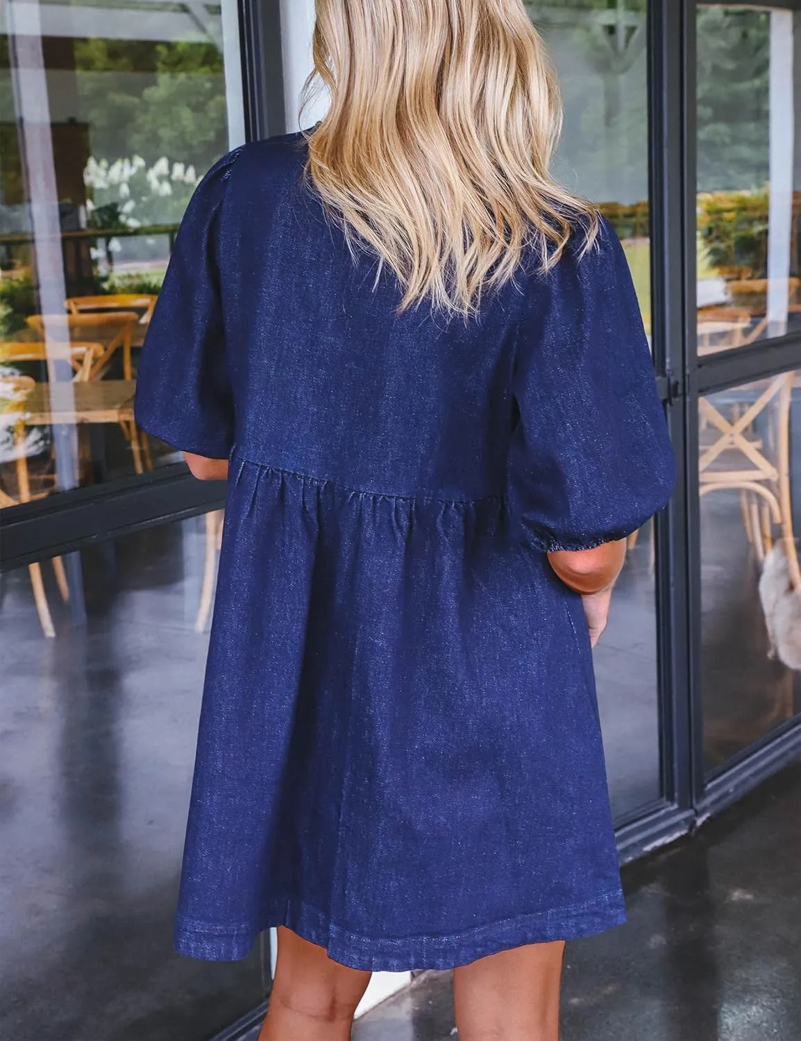 Qazel Vorrlon Denim Dress for Women Puff Short Sleeve Babydoll Jean Romper Pockets Summer Casual Blue Dresses 2025 Trendy