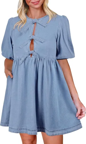 Qazel Vorrlon Denim Dress for Women Puff Short Sleeve Babydoll Jean Romper Pockets Summer Casual Blue Dresses 2025 Trendy