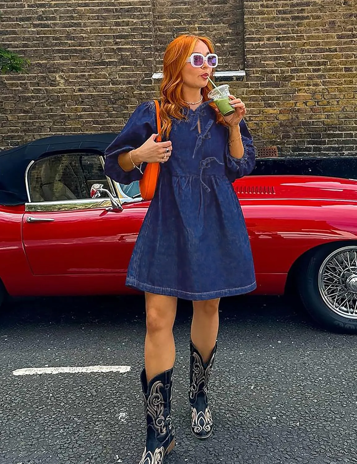 Qazel Vorrlon Denim Dress for Women Puff Short Sleeve Babydoll Jean Romper Pockets Summer Casual Blue Dresses 2025 Trendy