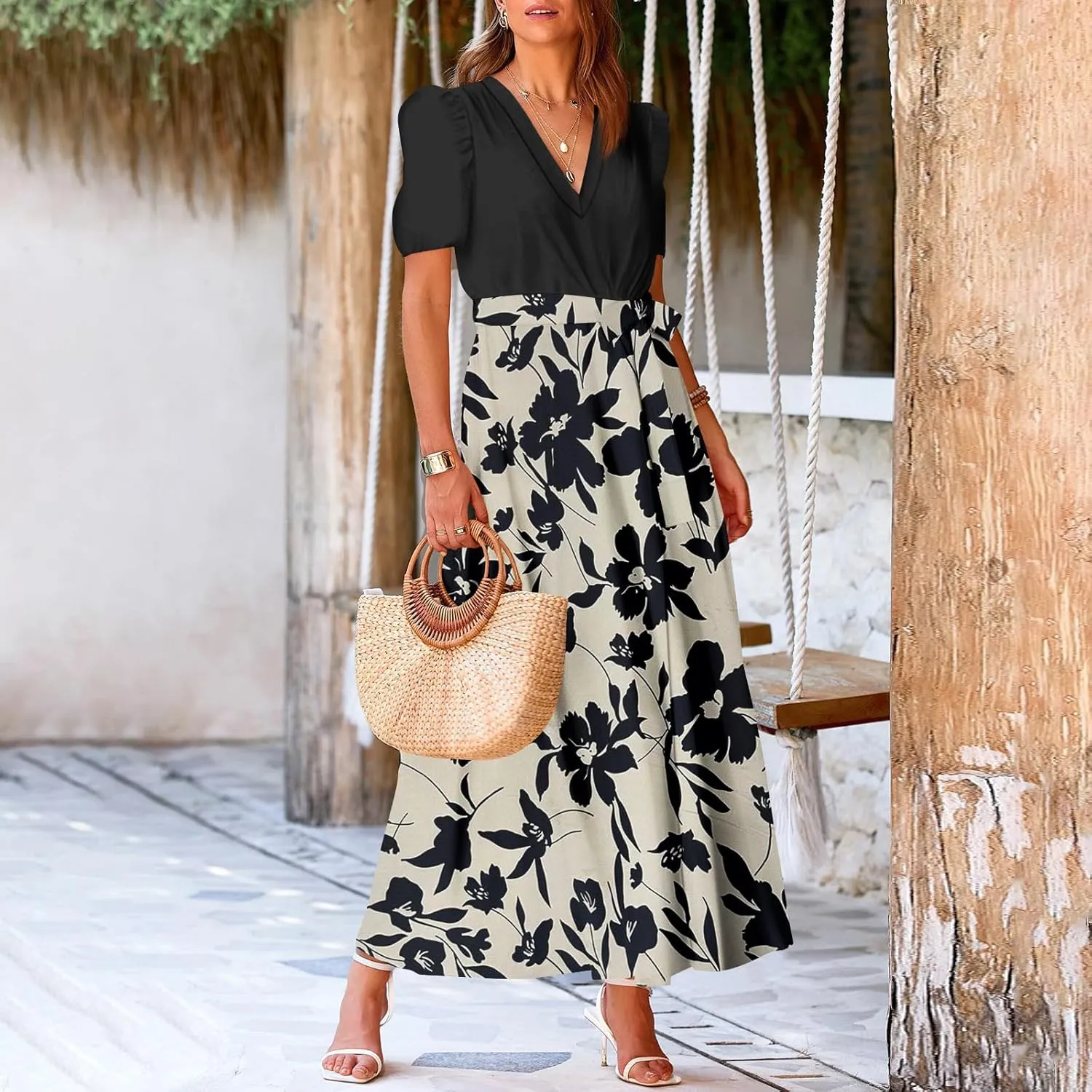 Resort Dresses for Women 2025 Vacation Floral Beach Wedding Guest Maxi Dress High Slit Ruffle Tea Party Midi Dress