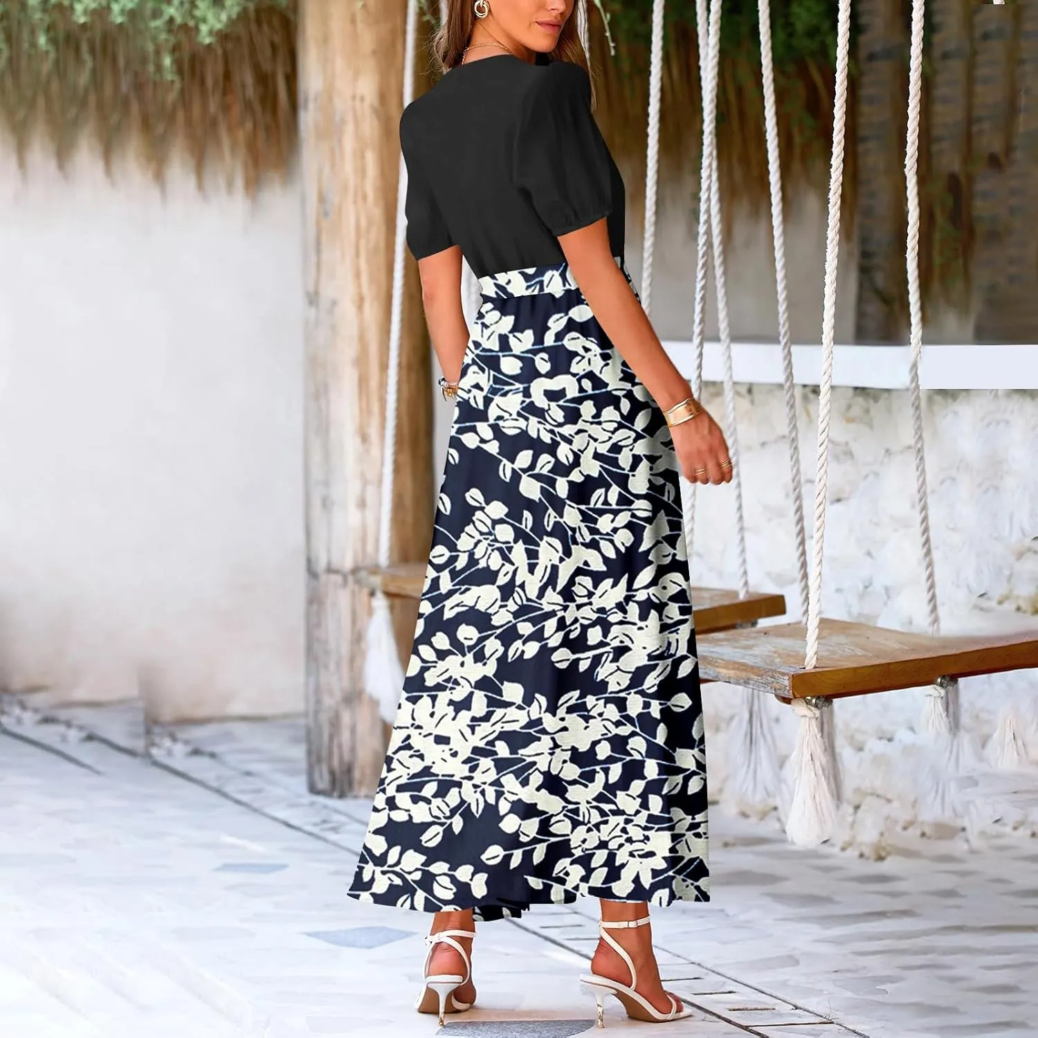 Resort Dresses for Women 2025 Vacation Floral Beach Wedding Guest Maxi Dress High Slit Ruffle Tea Party Midi Dress
