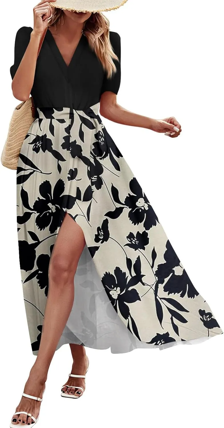 Resort Dresses for Women 2025 Vacation Floral Beach Wedding Guest Maxi Dress High Slit Ruffle Tea Party Midi Dress