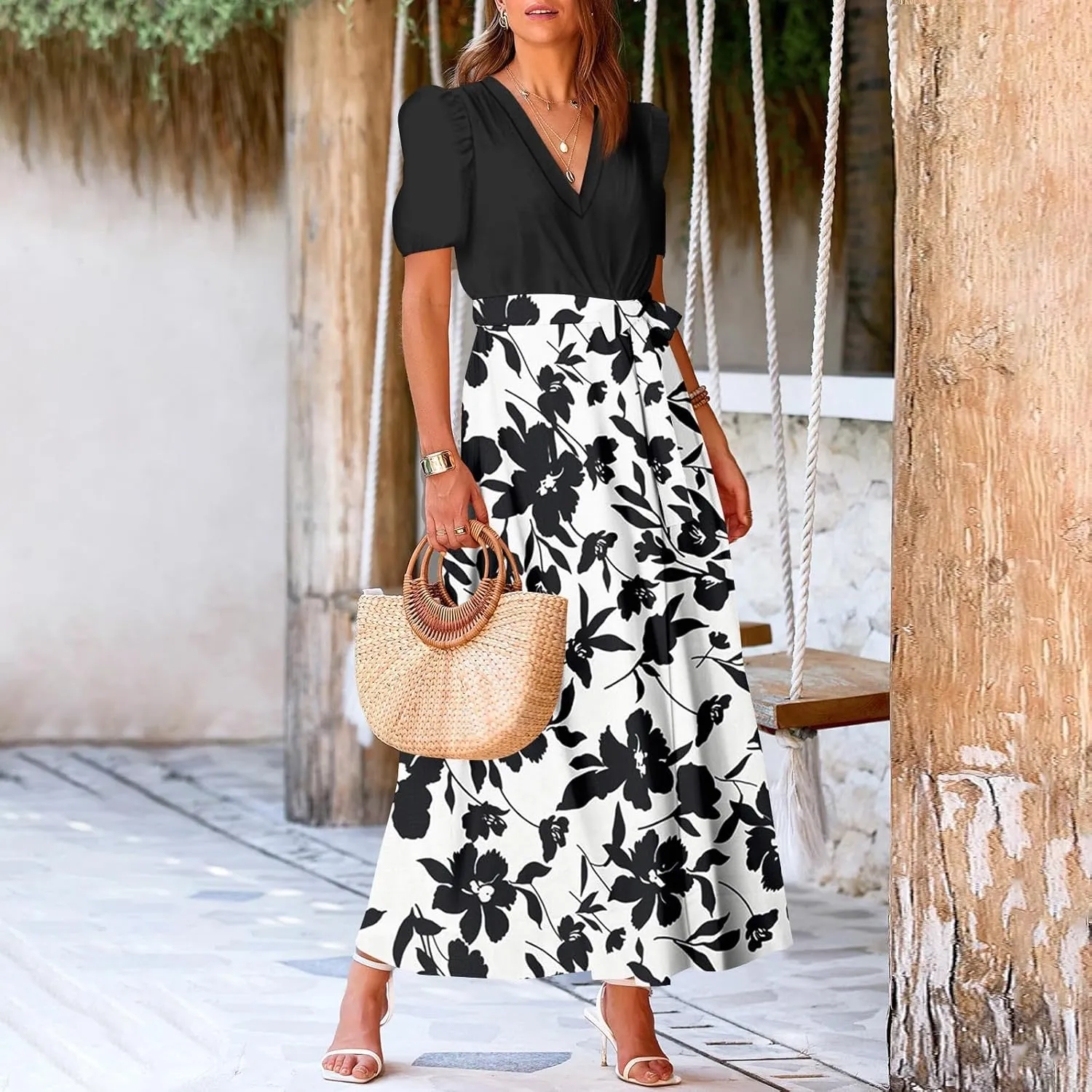 Resort Dresses for Women 2025 Vacation Floral Beach Wedding Guest Maxi Dress High Slit Ruffle Tea Party Midi Dress