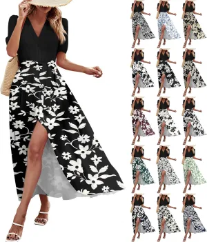 Resort Dresses for Women 2025 Vacation Floral Beach Wedding Guest Maxi Dress High Slit Ruffle Tea Party Midi Dress