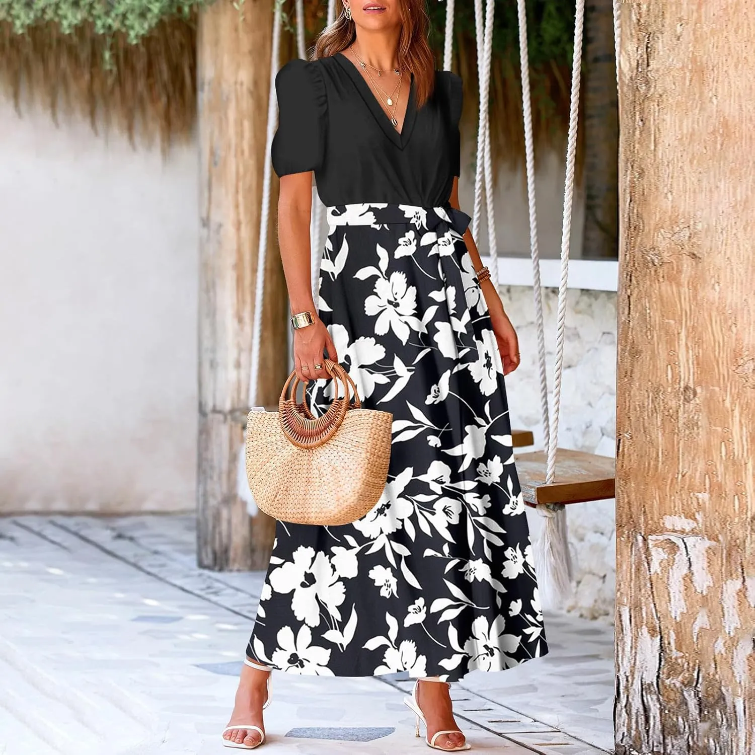 Resort Dresses for Women 2025 Vacation Floral Beach Wedding Guest Maxi Dress High Slit Ruffle Tea Party Midi Dress