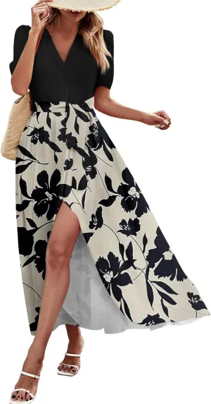 Resort Dresses for Women 2025 Vacation Floral Beach Wedding Guest Maxi Dress High Slit Ruffle Tea Party Midi Dress