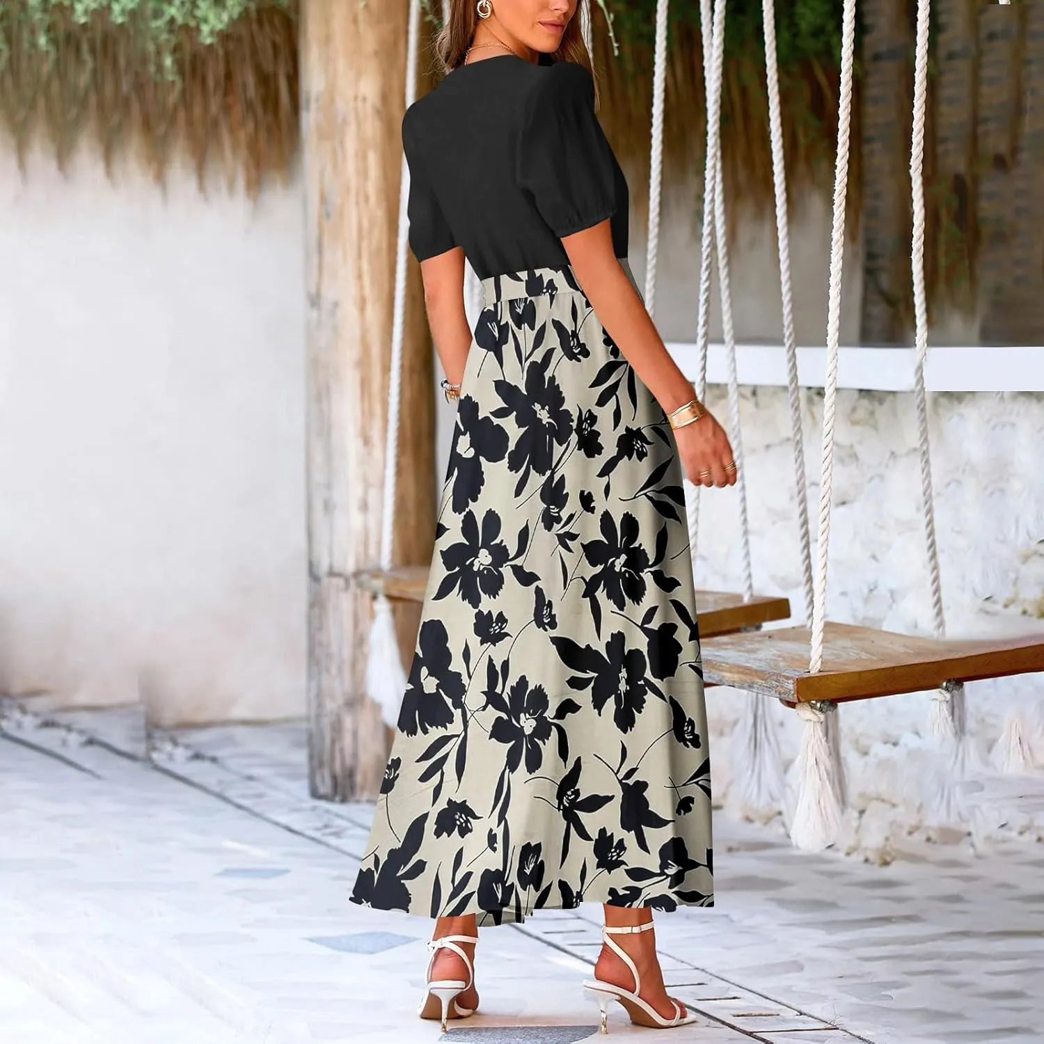Resort Dresses for Women 2025 Vacation Floral Beach Wedding Guest Maxi Dress High Slit Ruffle Tea Party Midi Dress